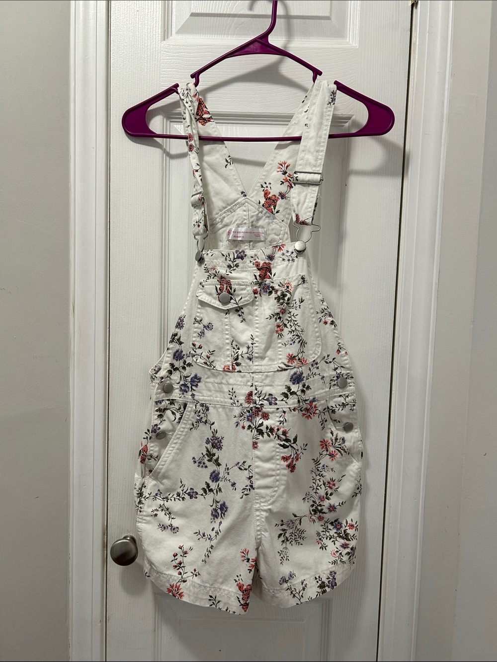 No Boundaries White Floral Denim Short Overalls
